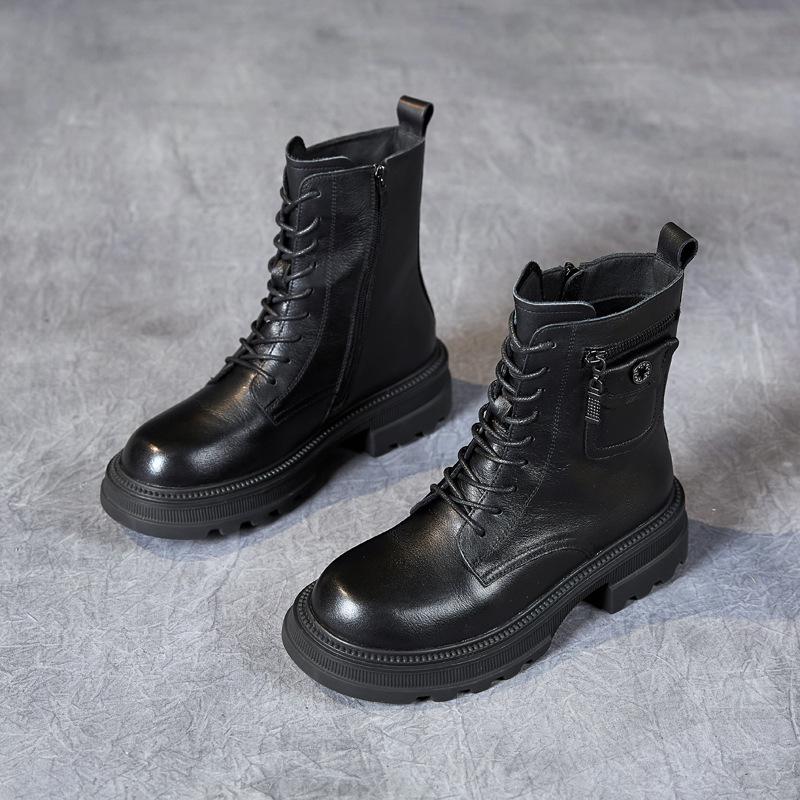 The first layer of cowhide Martin boots for women's 2025 autumn and winter new retro leather velvet medium tube British style women's boots for women