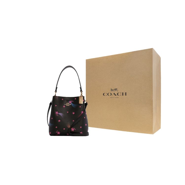 Coach Town 22 Disco Star Print Snap Pebble Leather Bucket Bag Women Bags Black C7245-IMA47
