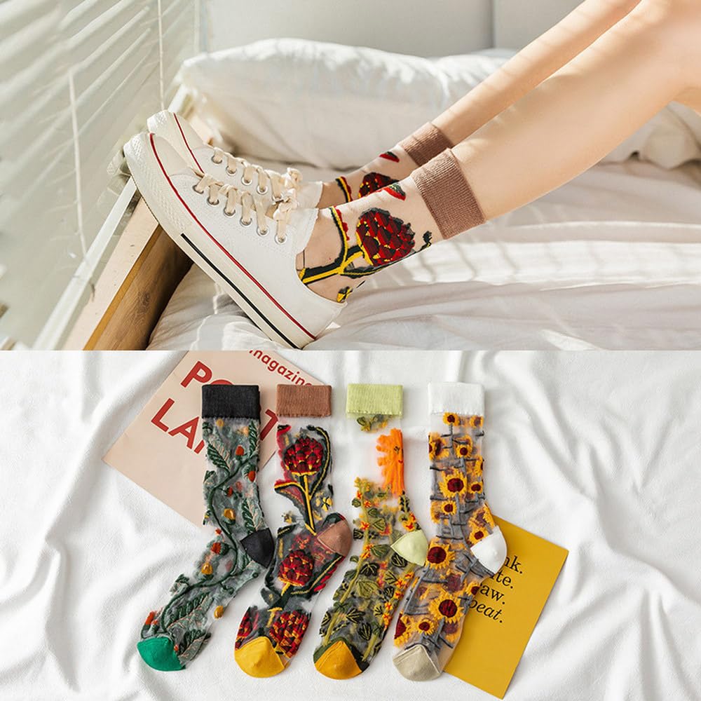 Moin Moin Assortment Teddy Bear Small Floral Product 2407scs16 Socks, 8-Piece Set, Flower, Cat, Bird, Sunflower, White, Black, Red, Green, Lace,