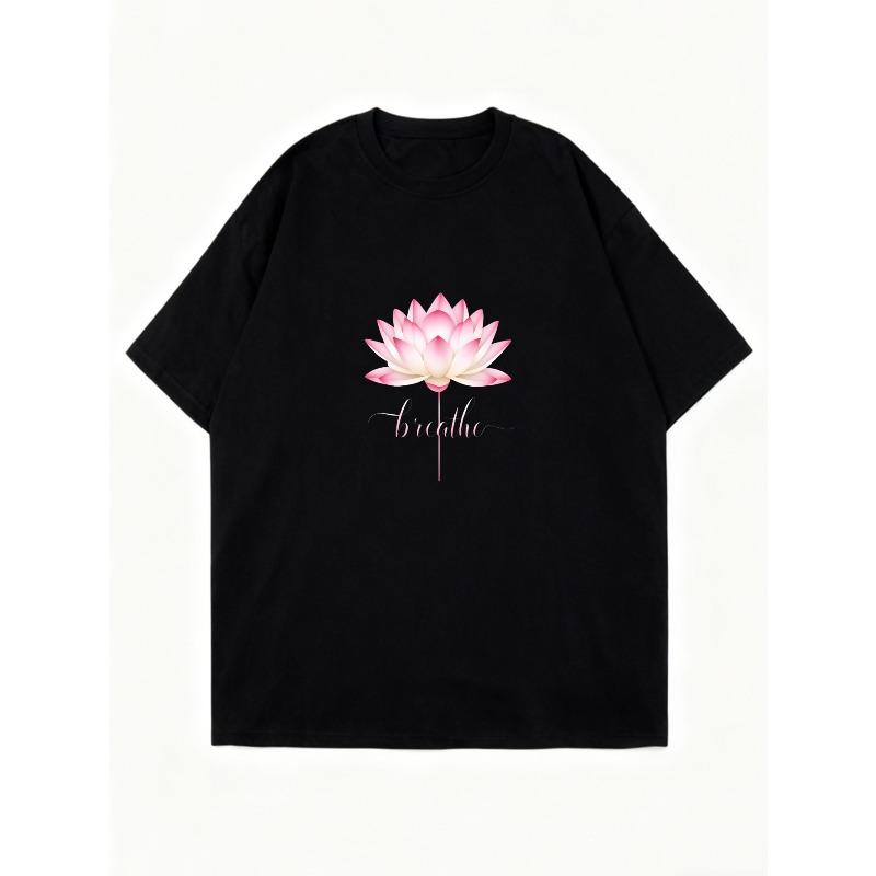Übergroßes T-Shirt Schwarze Lotusblume Und Breathe Aufdruck Lässige Kleidung Für Damen Yoga Meditations-Outfit
