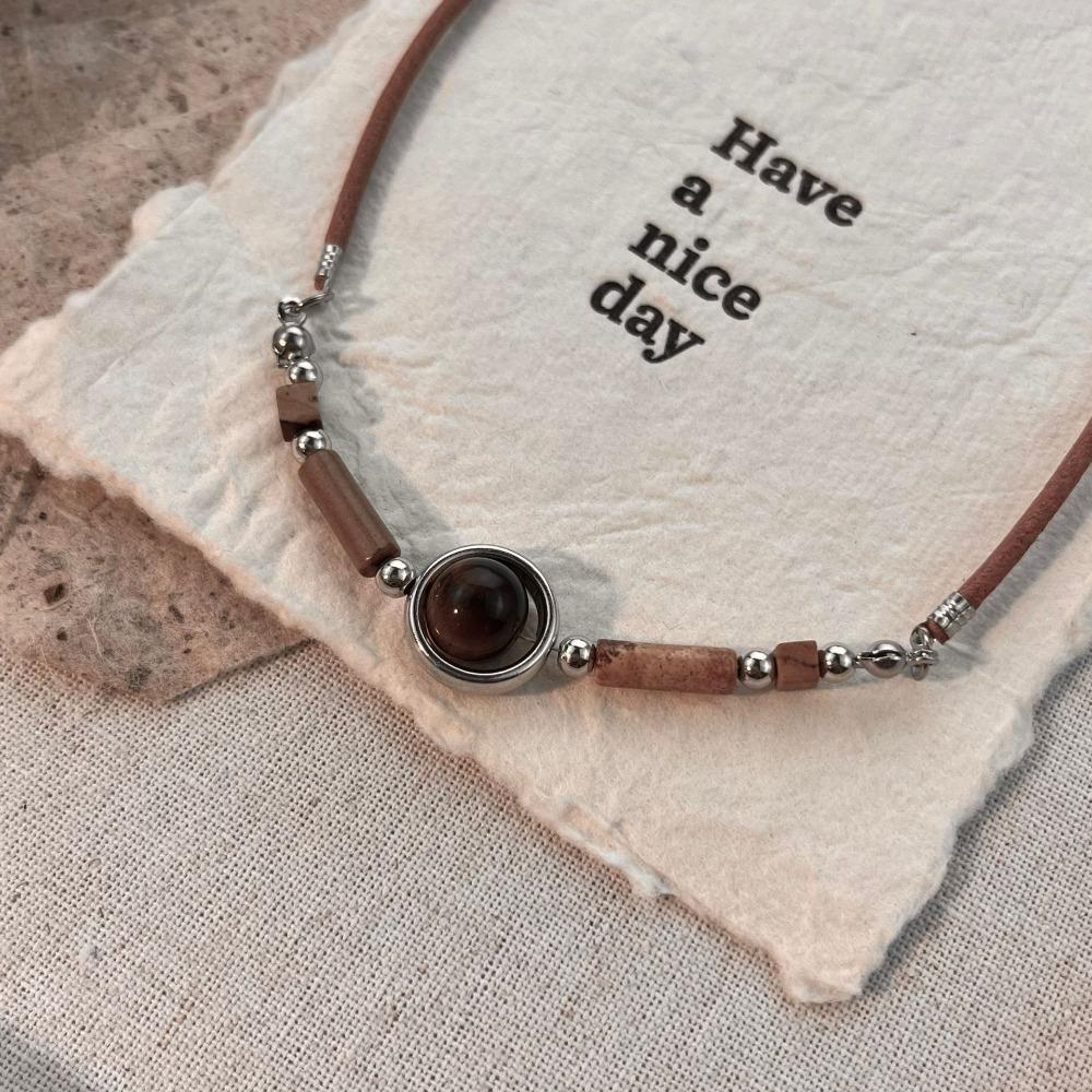 Personality Retro Splicing Tiger's Eye Stone Beads Maillard Leather Rope Choker Necklace for Women Men Punk Trendy Jewelry Gifts