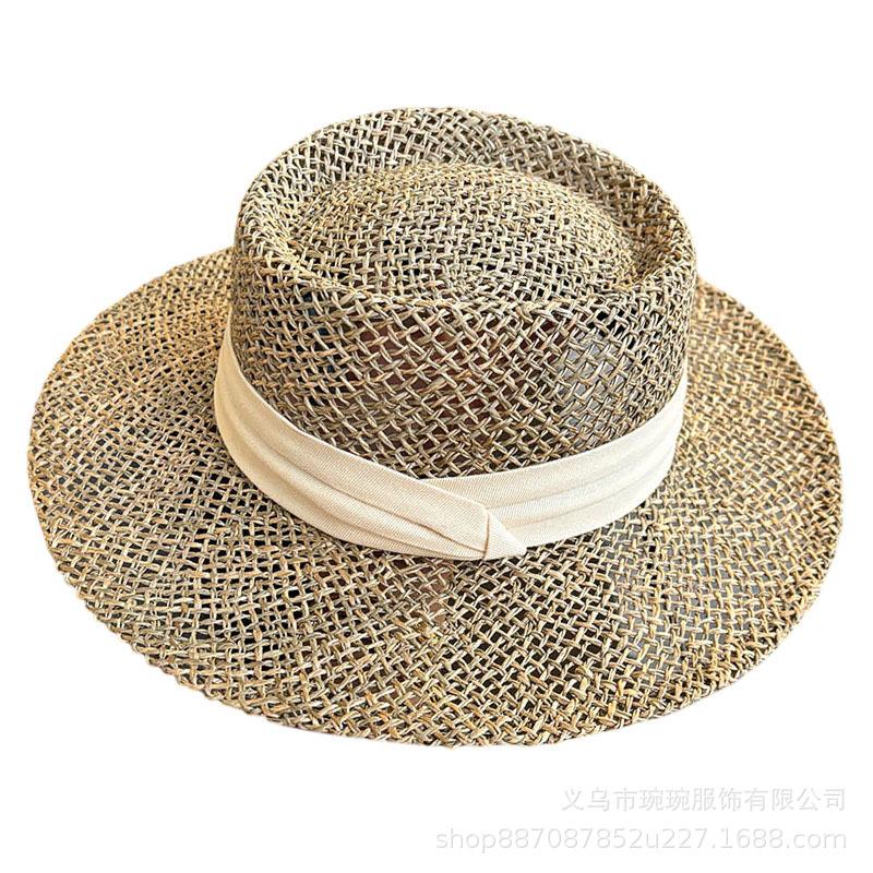 New Salty Grass Hat Women's Summer Outing Visor Hand-woven Hollow French Flat Top Hat