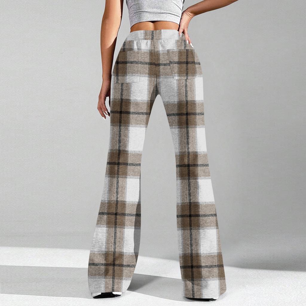 Pantaloni Sportivi Casual da Donna a Quadri con Coulisse in Vita, Pantaloni a Zampa Casual