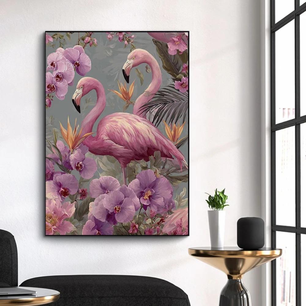 Colorful Vintage Flamingo Illustration Posters Natural Flowers Modern Prints Canvas Wall Art Pictures Home Living Room Decor