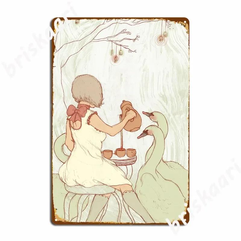 Swan Tea Party Metal Sign Wall Decor Garage Design Vintage Plates Tin Sign Poster 20X30CM