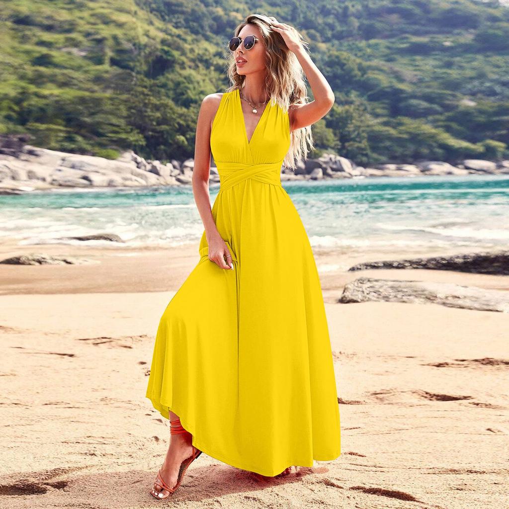 Women's Fashion Summer Backless V-neck Sleeveless Strappy Solid Color Dress