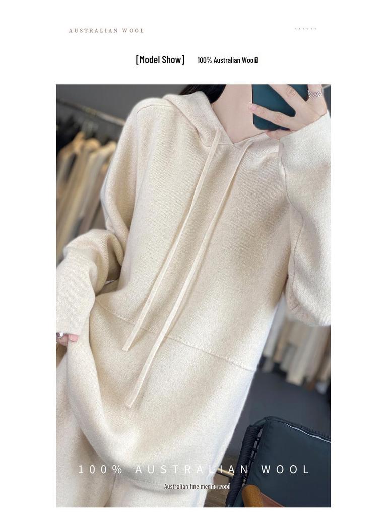 2026 Autumn/Winter Women's Pure Wool Hooded Knitwear & High Waist Wide-Leg Pants Set