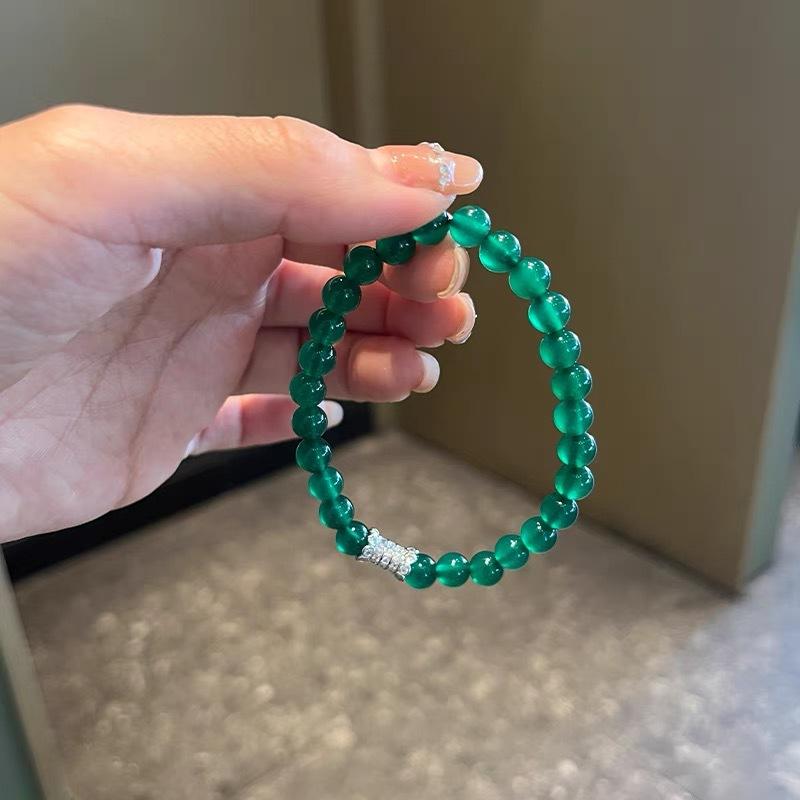

New Chinese Chalcedony Green Agate Beaded Bracelet Light Luxury Zircon 6Mm Light Luxury Style Round Bead Texture Bracelet