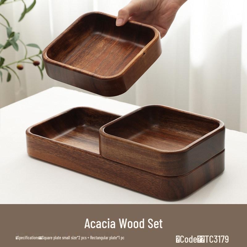 Luxury Black Walnut Tray: Rectangular Solid Wood for Home, Tea, & Water Cups, with Round Plate