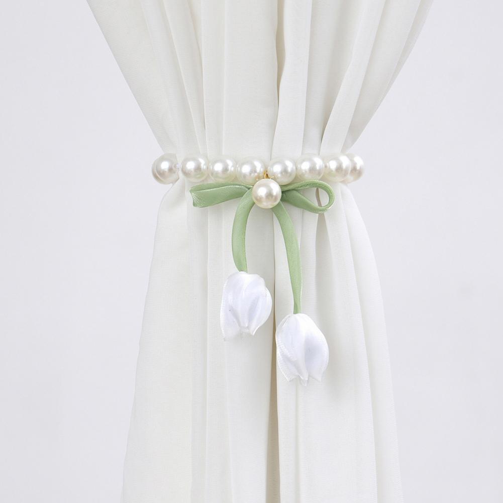 Magnetic Curtain Tiebacks, with Pearl And Tulip Buds Decor, Easy Fixing No Drilling Curtain Ties for Home Bedroom Living Room