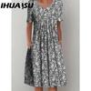 IHUASU 30 Color Pleated Midi Dress Short Sleeve Round Neck Loose Hem Mid-Calf Length Women Floral A-Line Party Dress Casual Wear