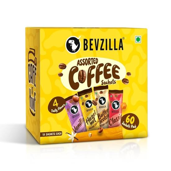 Bevzilla 60 Instant Coffee Powder Sachets (4 Flavours) – 120 Grams | Hazelnut, Classic, Vanilla & Butterscotch | 15 Pouches Each Flavour