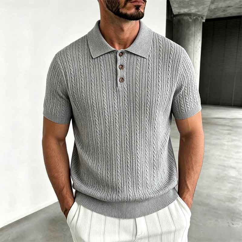 Men's White Cable Knit Lapel Collar Short Sleeve Retro Polo Shirt