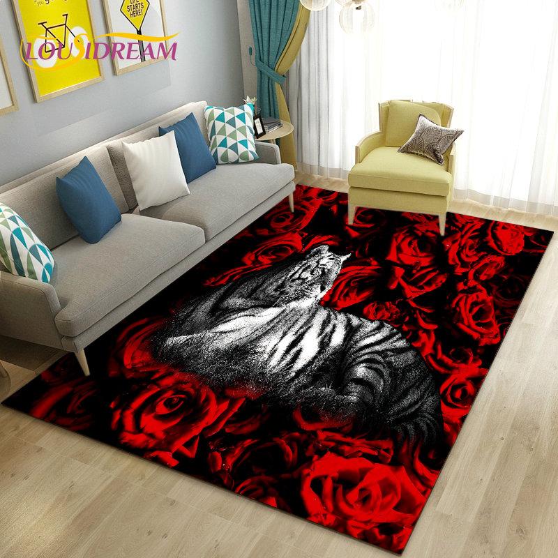 3D White Tiger Lion Leopard Wolf Area Rug,Carpet Rug for Living Room Bedroom Sofa Doormat Decoration,Kid Play Non-slip Floor Mat