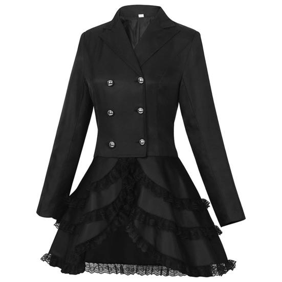 Women Double Breasted Victorian Steampunk Blazer Coat Gothic Tuxedo Tailcoat Jacket with Lace Hem Halloween Wedding Uniform Costume