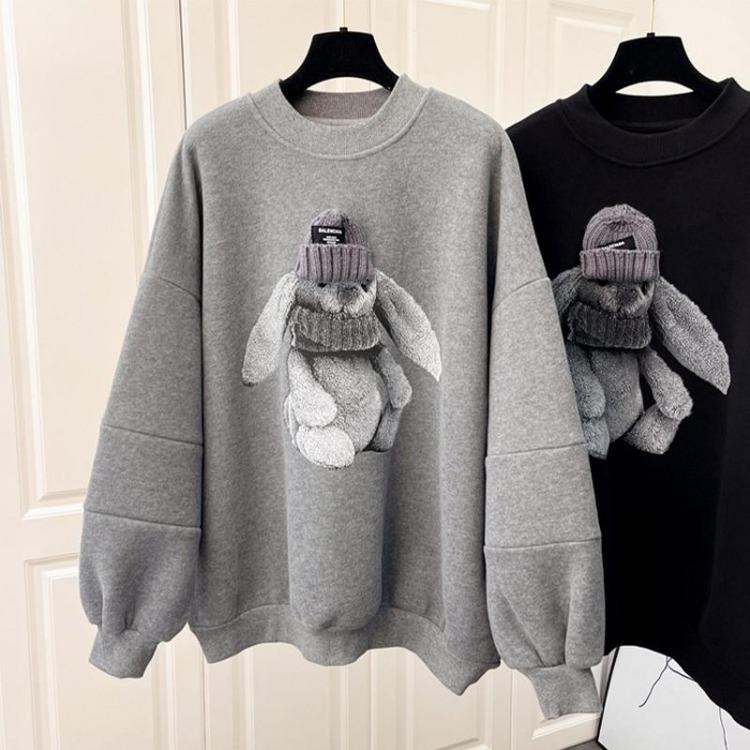 Damenmode Lockeres Bären-Sweatshirt Lässig Plus Fleece Dreidimensionale Dekoration Top
