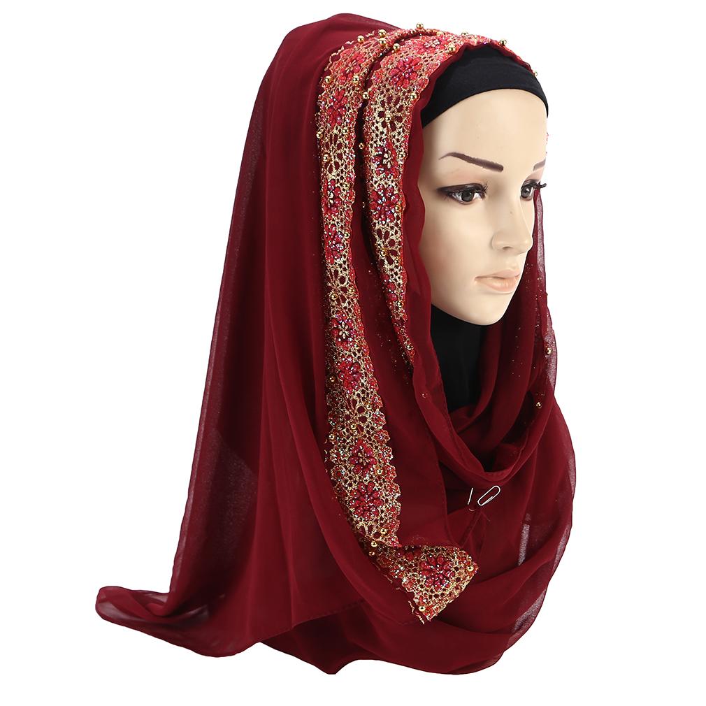 Chal de Gasa con Encaje para Mujer, Hijab Musulmán Bordado Elegante, Pañuelo para la Cabeza de Moda Modesta