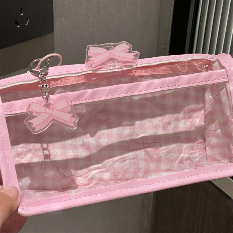 Sweet Bow Zipper Transparent Pencil Case Box Student Stationery Storage Bag Large Capacity Makeup Bag Cartoon Zipper Pen Bag