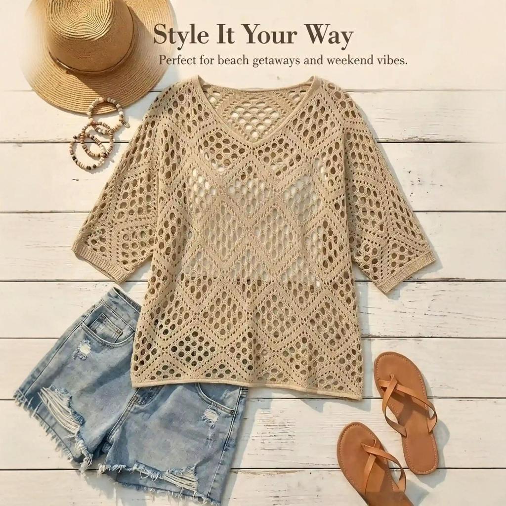 Women's Summer Casual Versatile Hollow Mesh Sweater - Slimming, Comfortable, Trendy Top