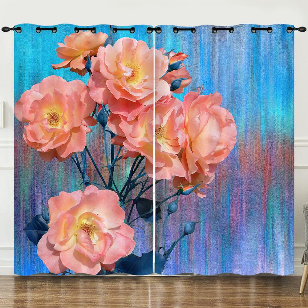 Curtain Flower Rose Simple 3D Digital Printing Blackout Curtain Punching