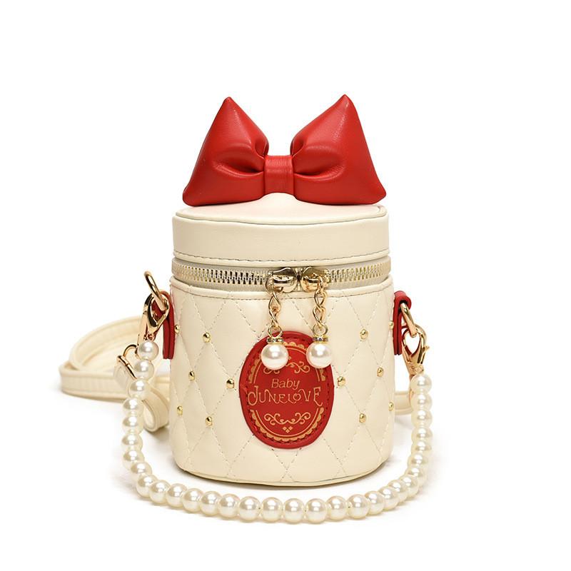 Adorable Korean Style Children's Bowknot Bucket Bag With Pearl Chain Shoulder Strap
