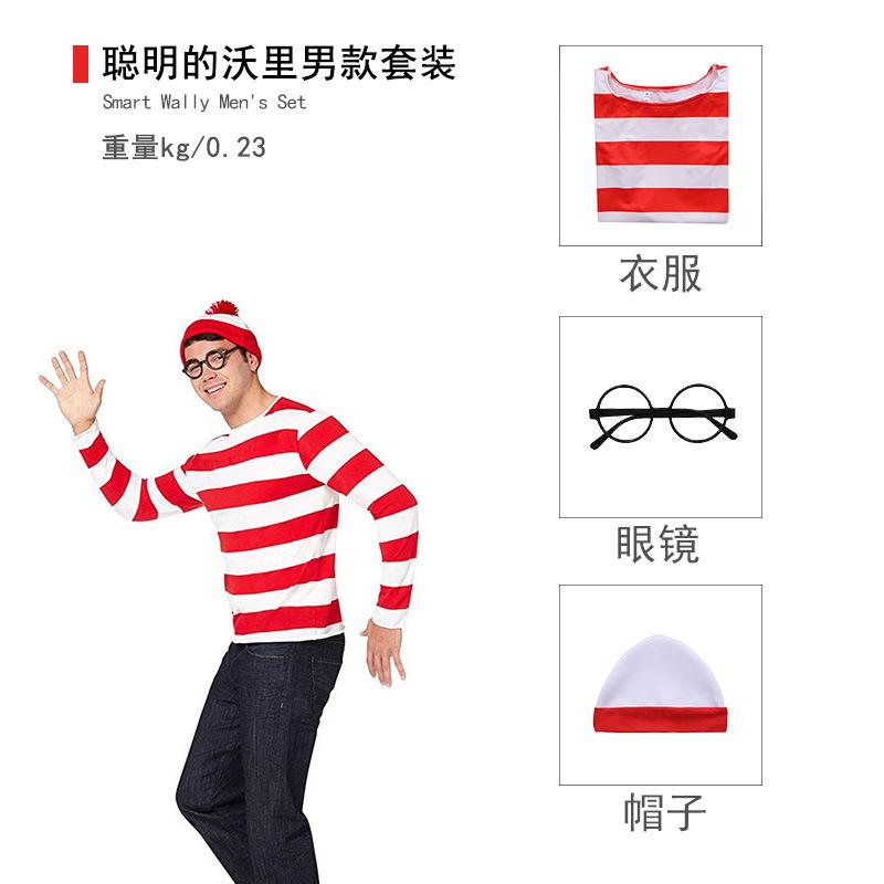Kde je Wally Waldo Kostým Rodič-dítě Kreslený Waldo Týden knihy Cosplay Oblečení Pruhované Tričko s dlouhým rukávem Halloweenský Klobouk Sklo