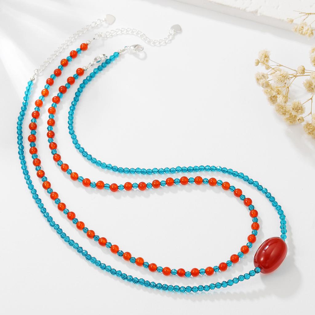 Natural red agate necklace, Xiaomi bead collarbone chain, Bohemian bead necklace, jewelry, double-layer layered necklace