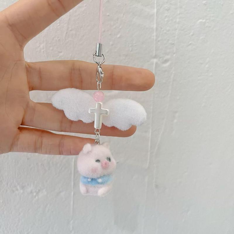 Cartoon Flocking Dog Piggy Pendant Keychain  Key Ring For Women Girls Cute Bag Pendant Kawaii Mobile Phone Chain Gifts
