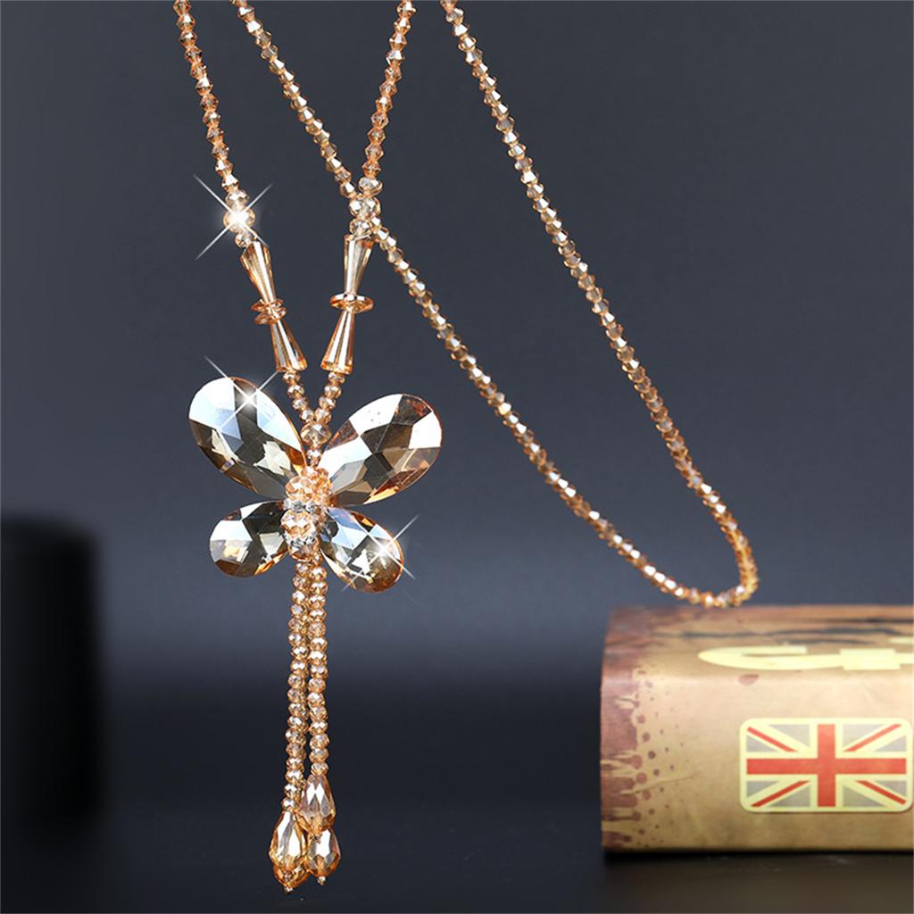 Fashion Crystal Beaded Tassel Pendant Necklace Long Sweater Butterfly Chain Women Jewelry Gift