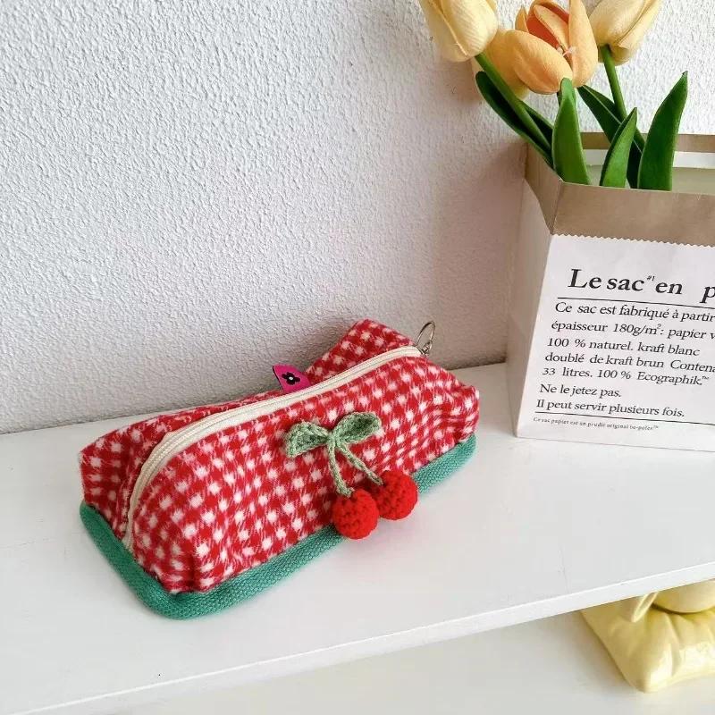 1PCS Cute Red Color Cherry Plaid Cosmetic Storage Bag Large Capacity Kawaii Makeup Case Creative Design Fruit Pencil Case