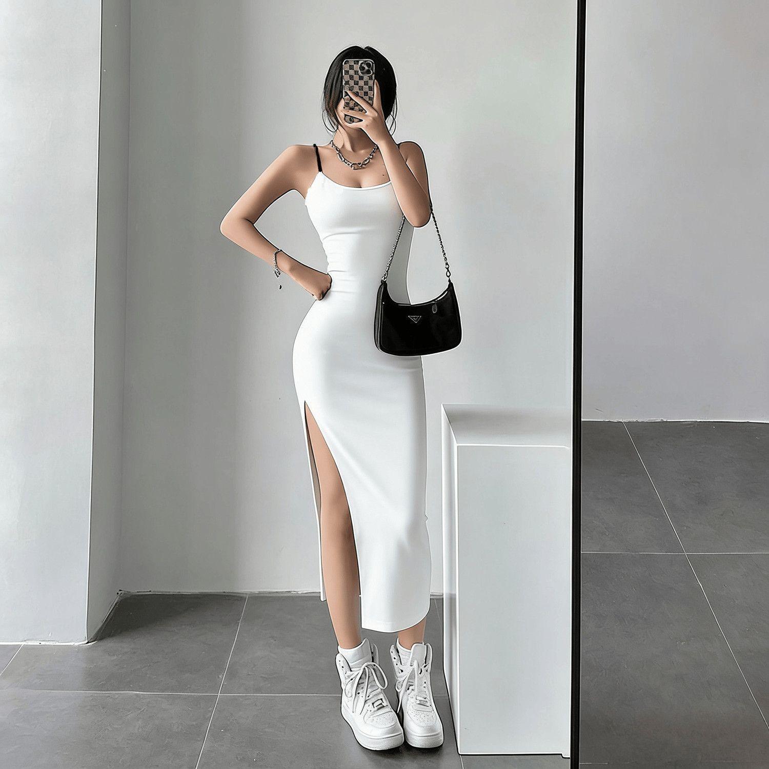 2025 Summer Women s Formal French Round Neck Camisole Dress with Thin Straps & Mid-Length Slit S белый