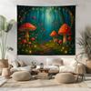 Whimsical Mushroom Forest Tapestry with Fireflies – Cottagecore Wall Art for Nature Lovers Fairycore Aesthetic Enchanted Woods Decor