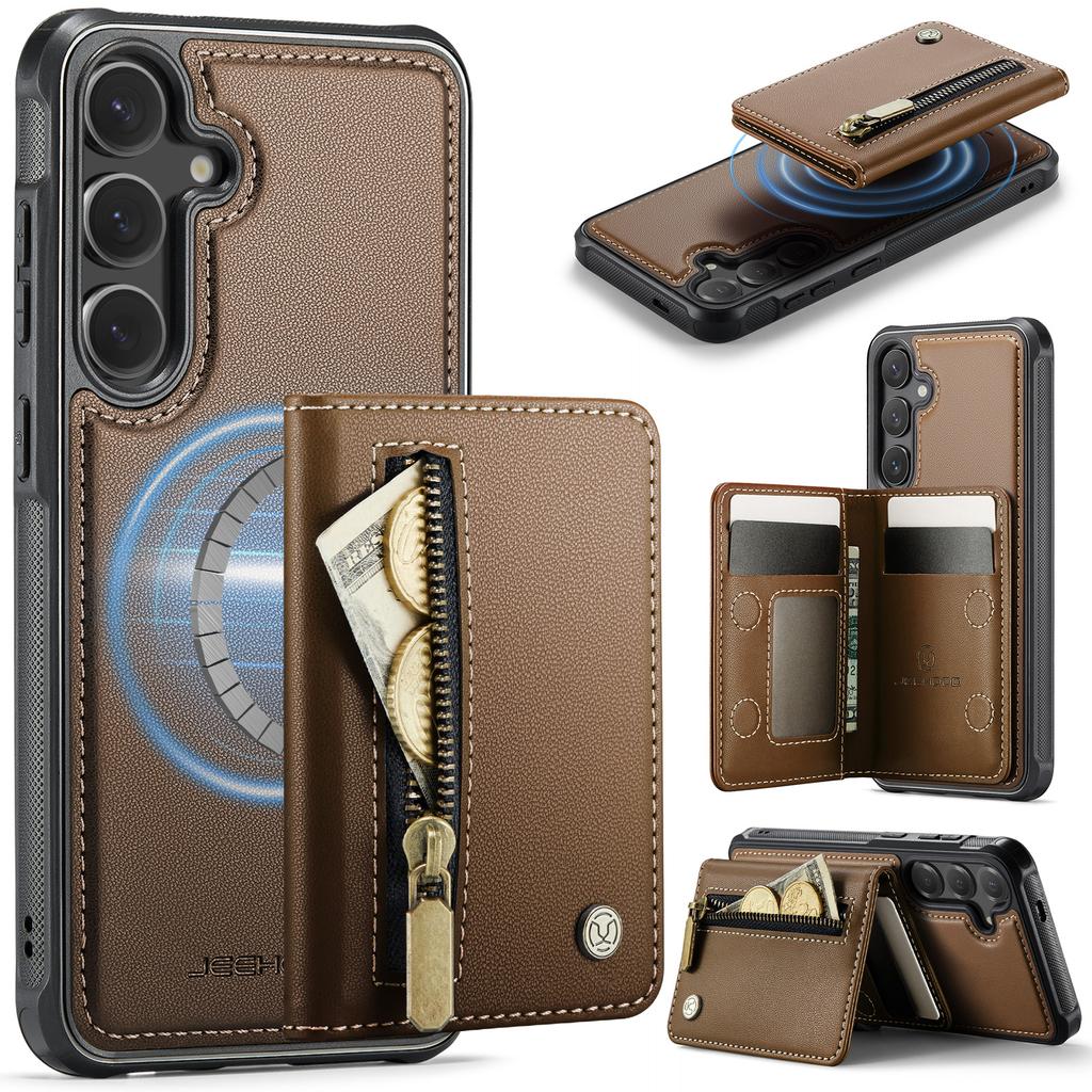 For Samsung Galaxy S26 Case JEEHOOD J12 Magnetic Detachable Zipper Wallet Kickstand Leather Back Cover Compatible with MagSafe