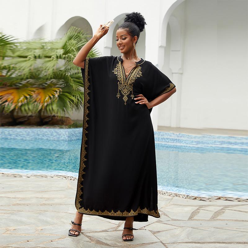 EDOLYNSA Vestido playero bohemio blanco con cuello de pico para mujer, Túnica larga, caftán Sexy, ropa de playa de talla grande, traje de baño Q1545 2024