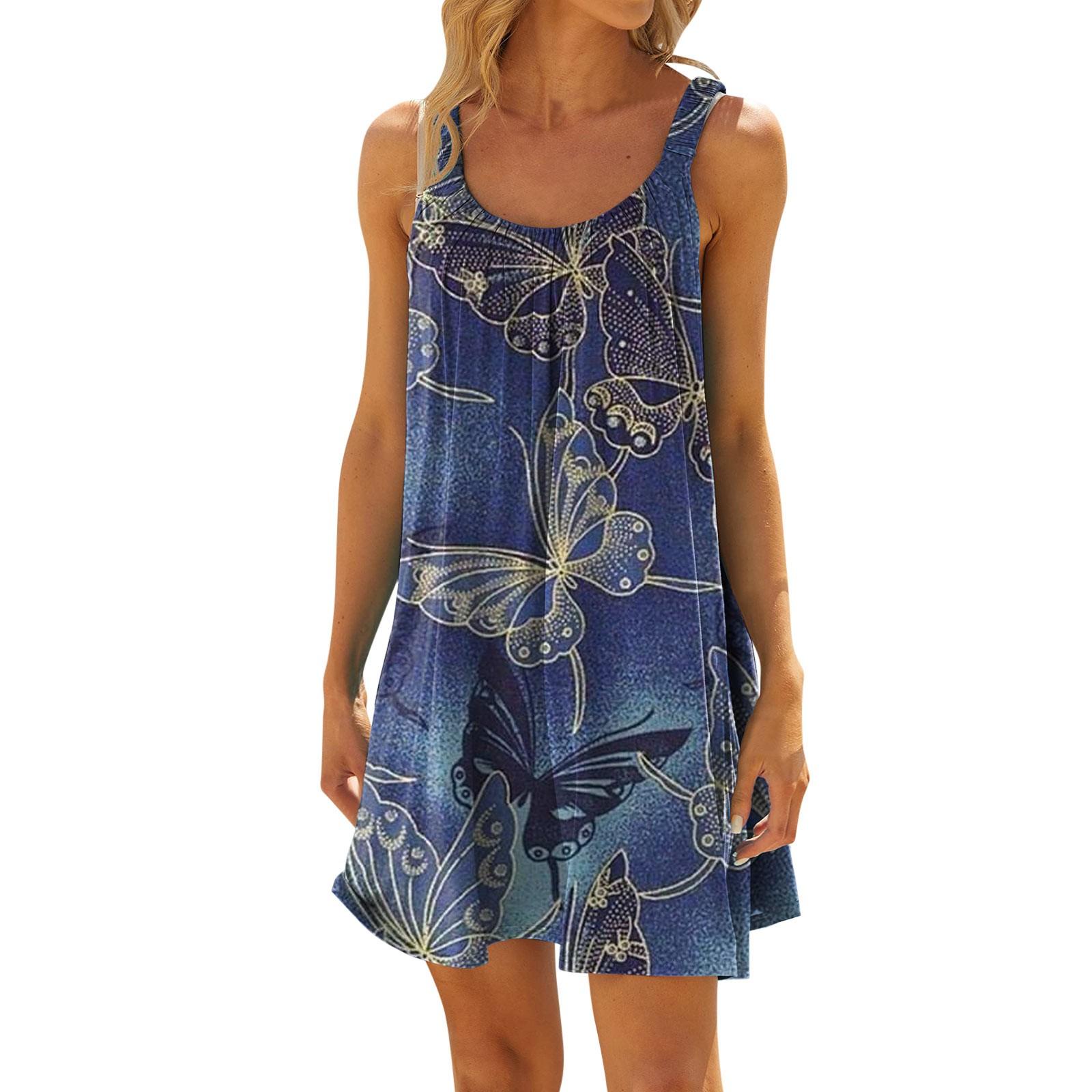 Women s Fashion Summer Beach Casual Print Sleeveless Cute  Sling Dress S