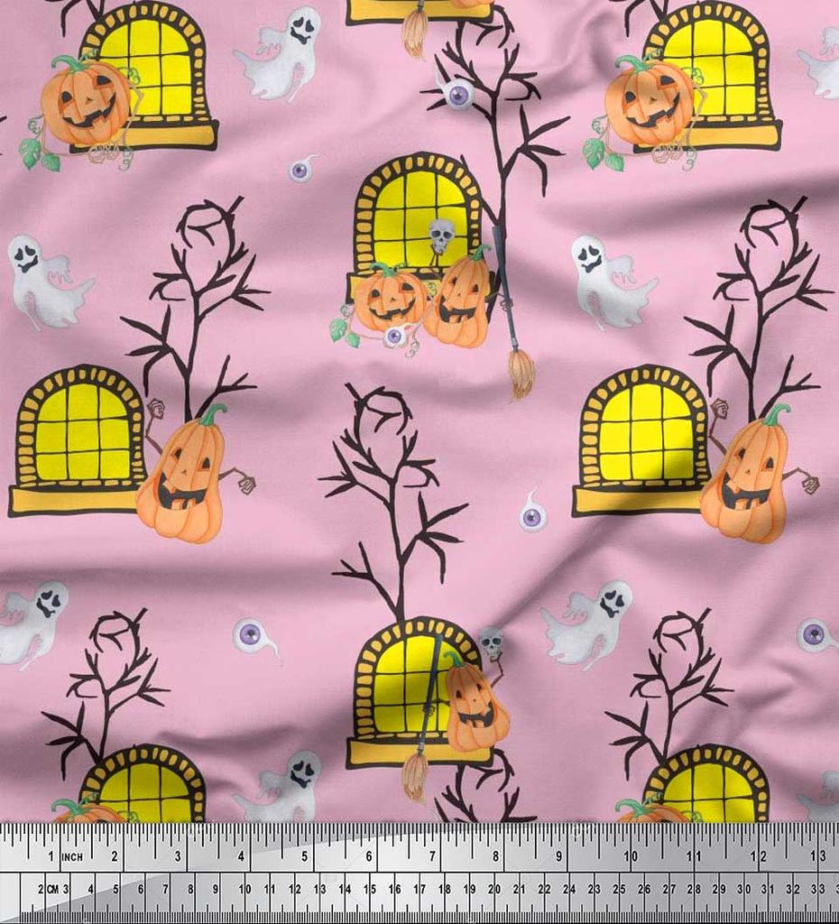Soimoi Japonská krepová saténová látka Strašidelný dům, Dýně a Duch Halloweenská tištěná látka 1 metr 42 palců