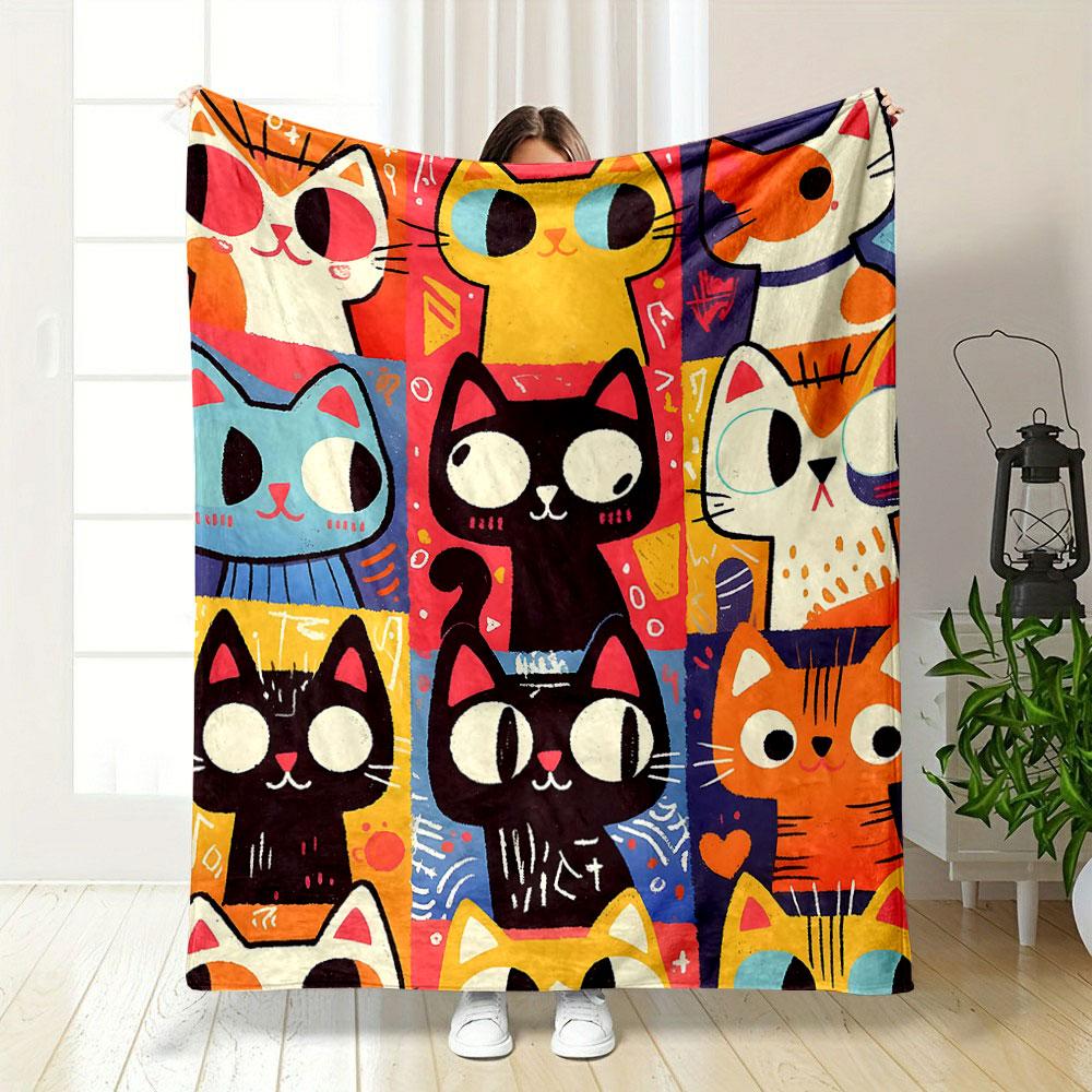 Colorful Cartoon Cats Pattern Design Patterned Blanket, Flannel, Suitable for All Seasons, Home Decor, Warm and Cozy