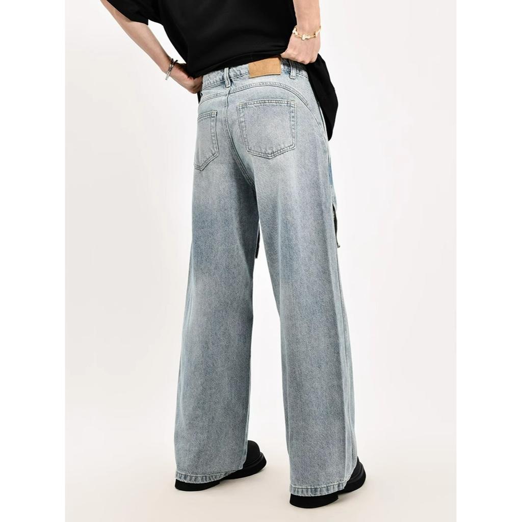 Jeans men's washing knife cuts holes loose straight handsome trousers men's casual year new wide legs