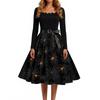 Women Casual Halloween Dress Long Sleeve Square Neck Vintage Style Fit Flare Dress with Spider Web Print and Waist Tie Belt