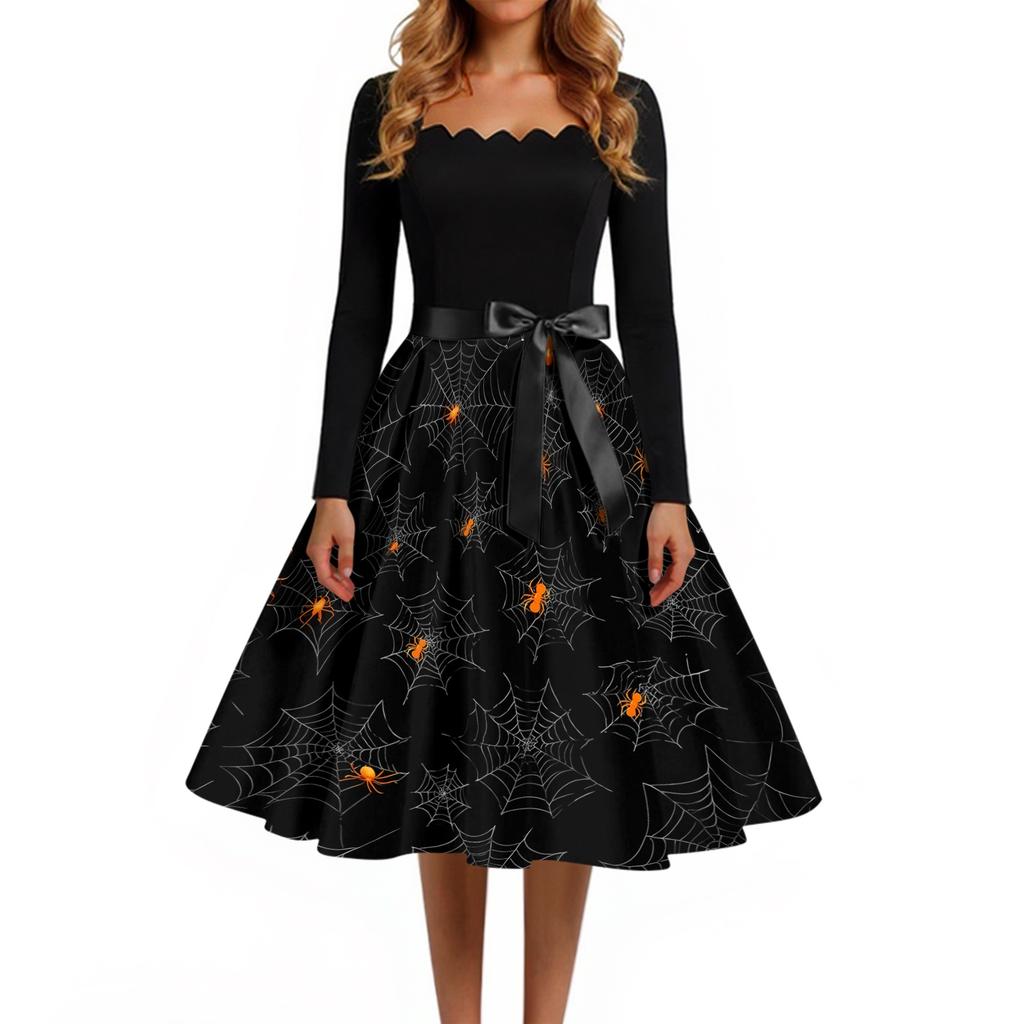 Women Casual Halloween Dress Long Sleeve Square Neck Vintage Style Fit Flare Dress with Spider Web Print and Waist Tie Belt