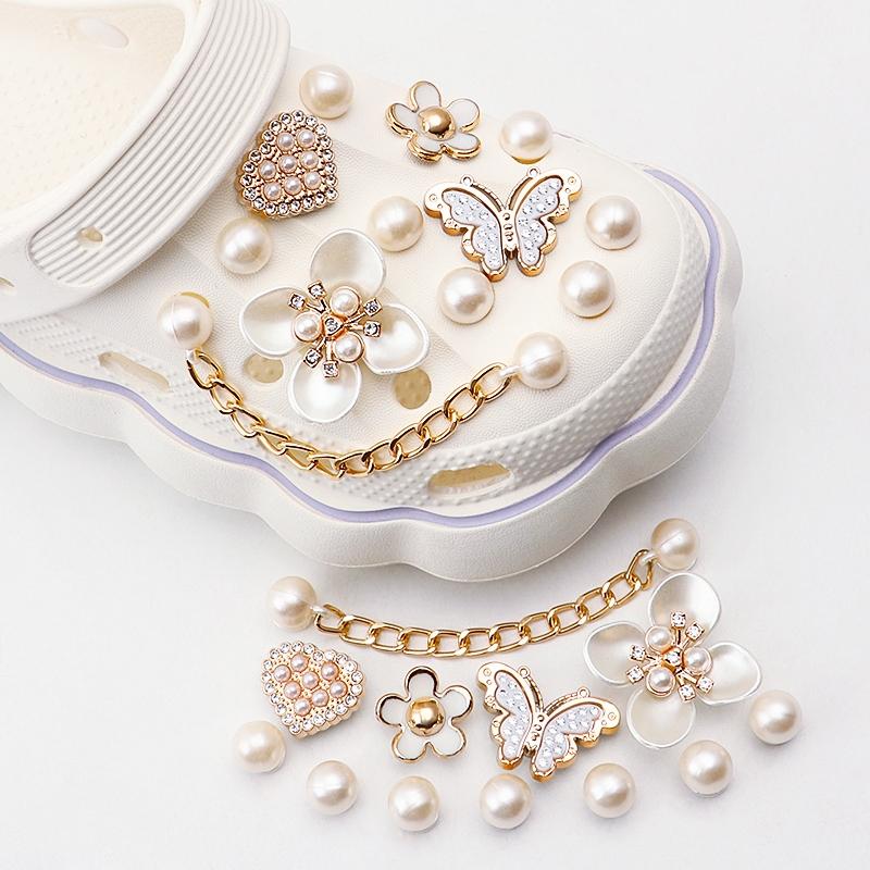 1 Set Shoe Charms Set Creative DIY 3D Shoe Flower Diamond Butterfly Pearl Flower Detachable Chain buckle Girls Shoe Decoration