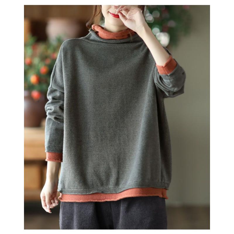 Autumn and Winter New Cotton Knitted Contrasting Fake Two-piece Tops for Women Loose Turtleneck Sweater with Bottoming Shirt