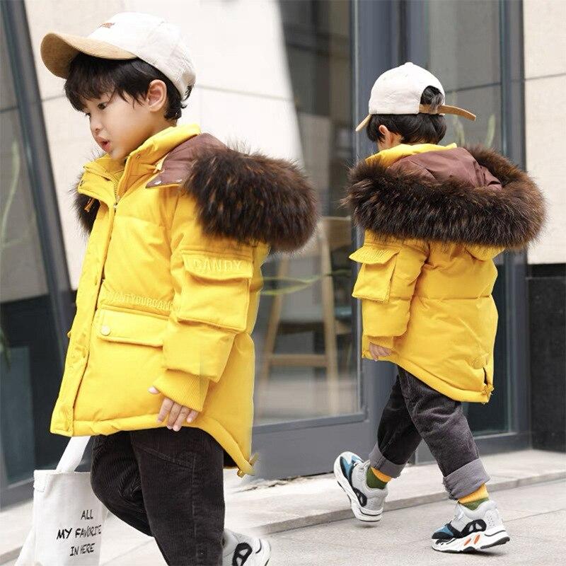 Children's Hooded Fur Collar Down Jacket Baby Boys and Girls Winter White Duck Down Thickened Irregular Zipper Cotton Jacket
