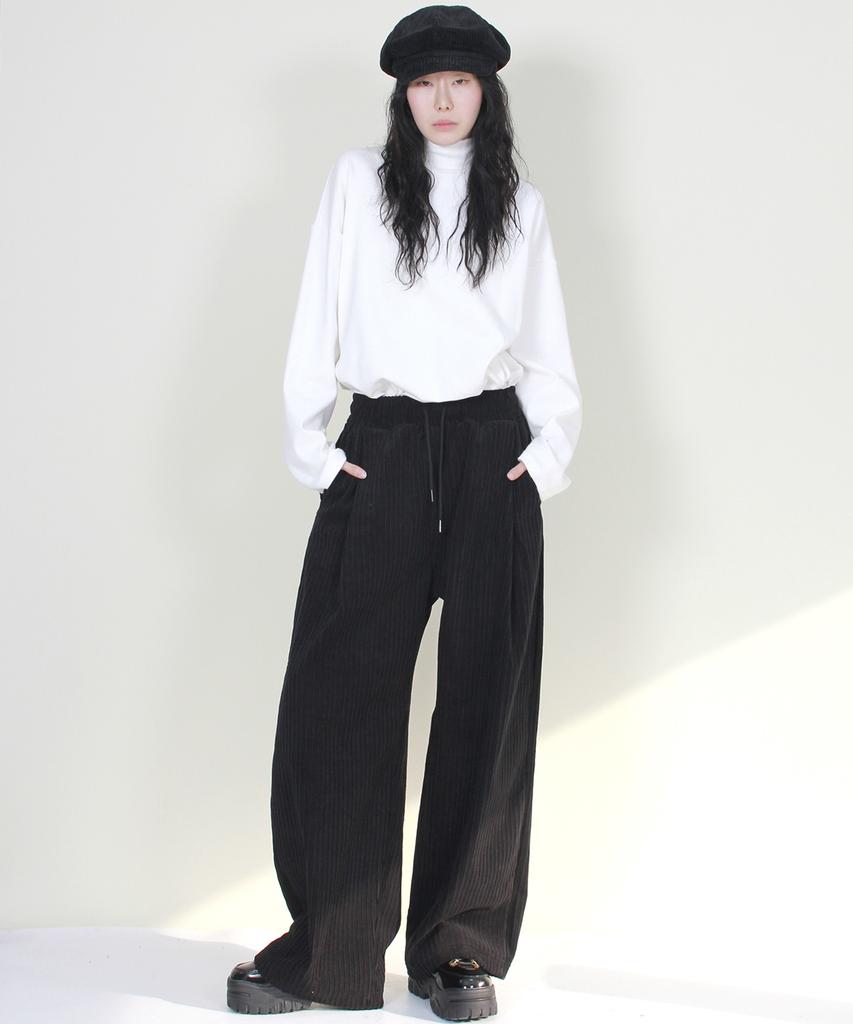 Deumakeu Wide-Fit Corduroy One-Pleat Elastic Pants Black