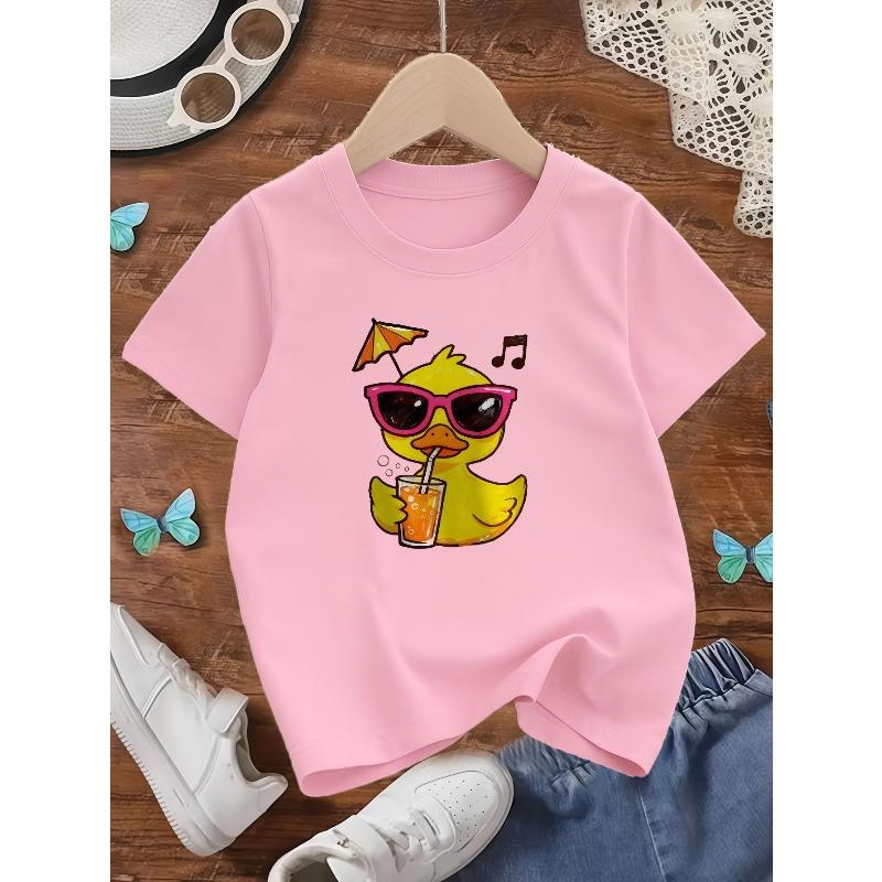 European Sizes A Short-Sleeved Casual T-Shirt for Girls Featuring Cool Glasses And a Cute Yellow Duck Print