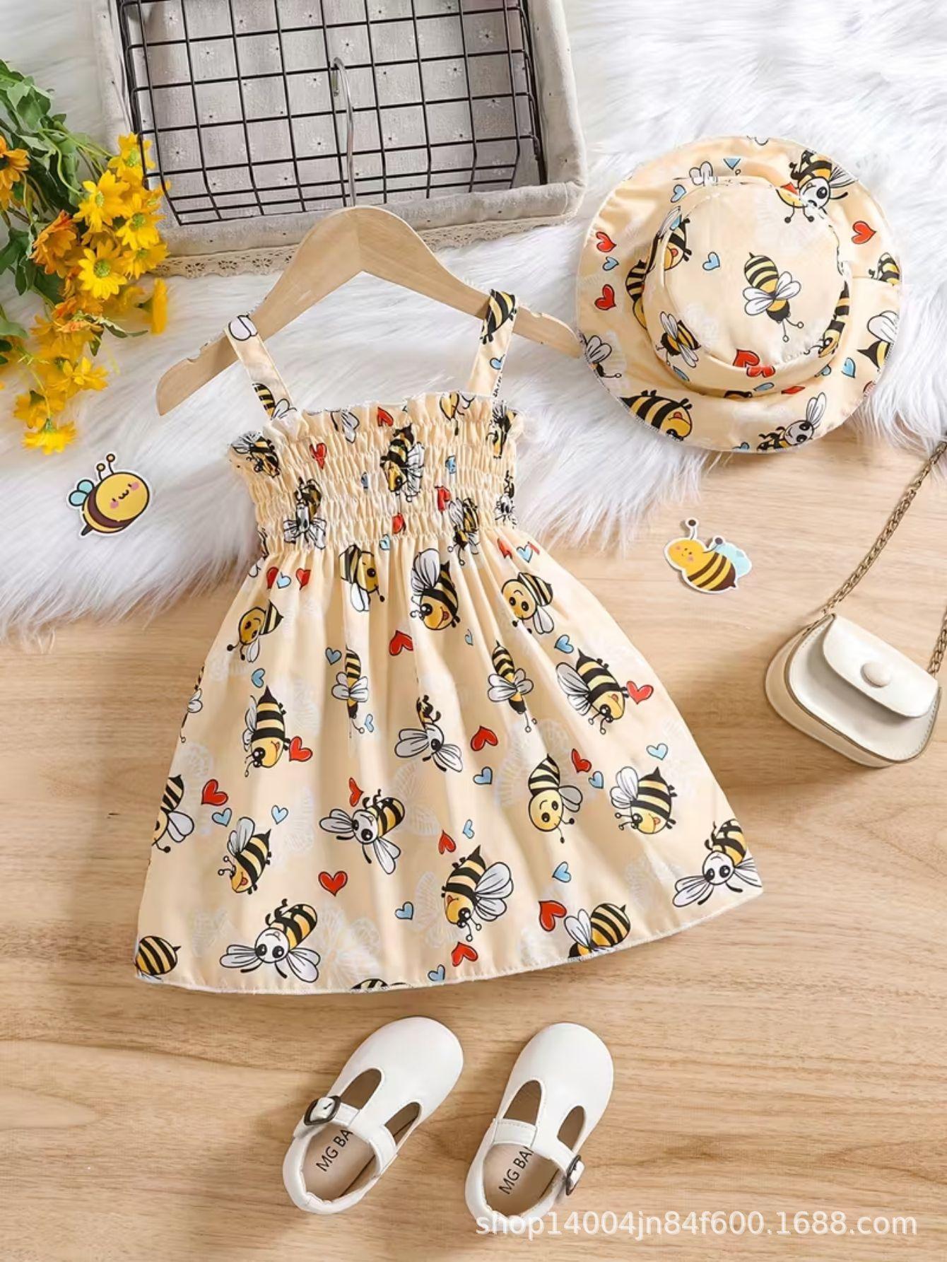 

0-3 Years Old Girl Fashion Princess Dress Summer Children s Cute Bee Print Dress With Matching Hat 12-18M