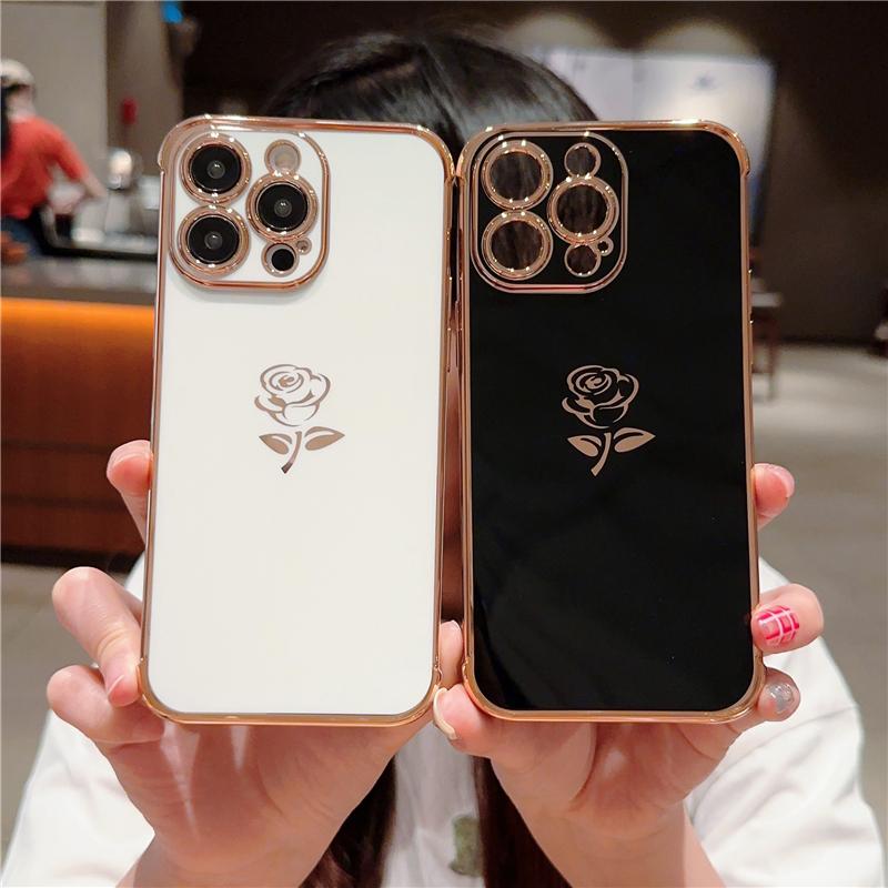 Luxus Vergoldung Rose Blume Bumper Handyhülle Für iPhone 11 12 13 Mini 14 15 Pro X XR Xs Max SE2 SE3 Schutzhülle Auf 14 Plus