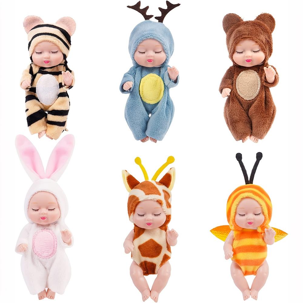 Mini Rebirth Doll 4.3 Inch Cute Animal Doll Deer/Bee/Bear/Giraffe/Tiger/Rabbit Washable PVC Material Forced Clothes and Hat Toys