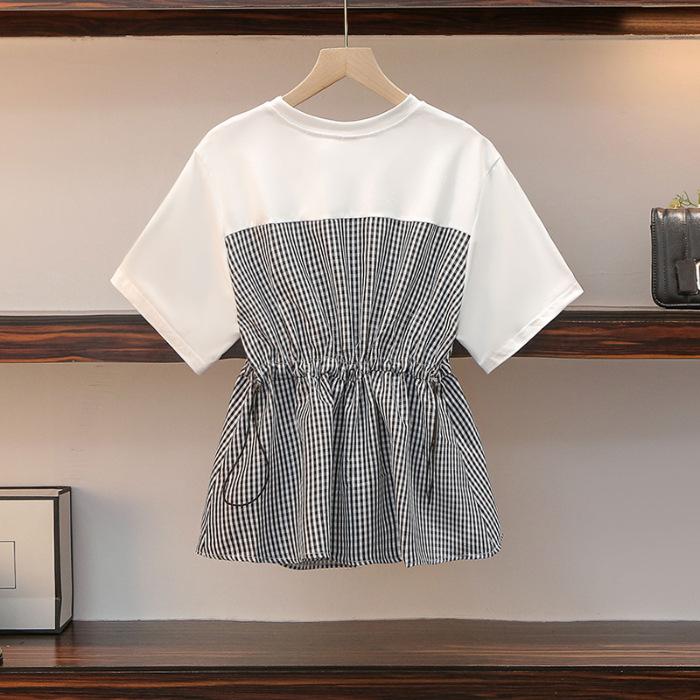 Female Summer Short-Sleeve T-Shirt Design Korean Style Patchwork Waist-Defining Top