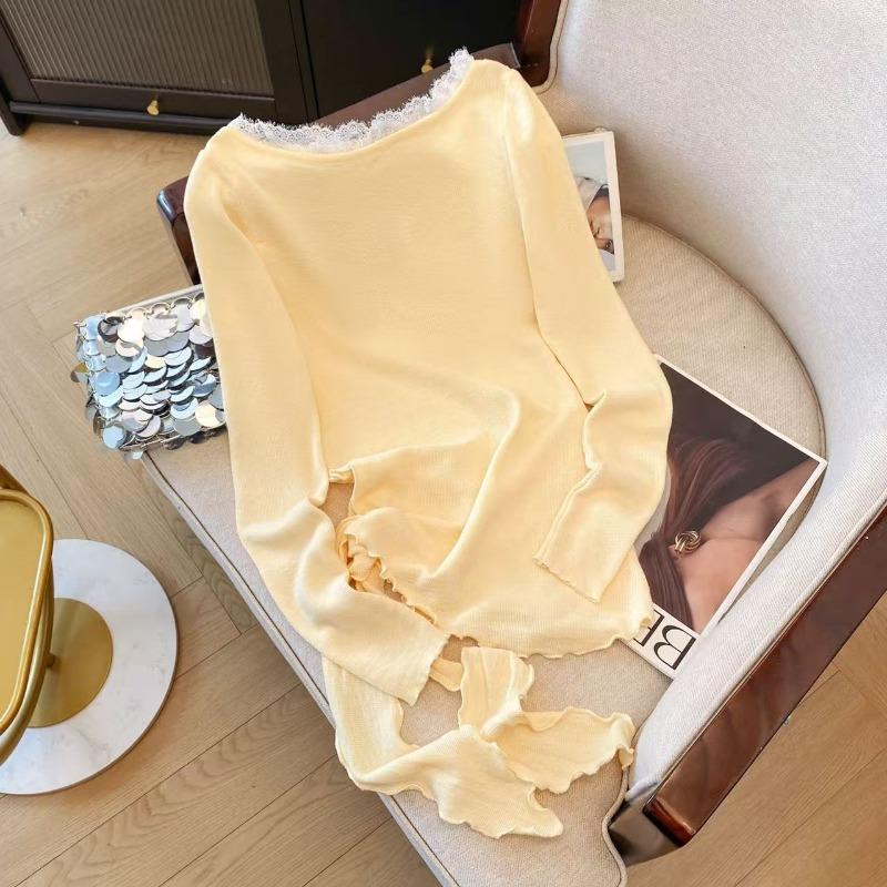 Real shot pure lace edge wool knitted sweater women's spring new inner bottoming shirt women's sweet top
